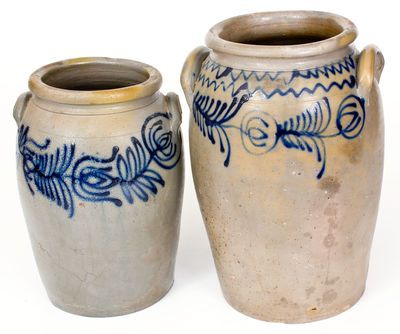 Lot of Two: B. C. MILBURN / ALEXA. Stoneware Jars with Bold Slip-Trailed Floral Decorations