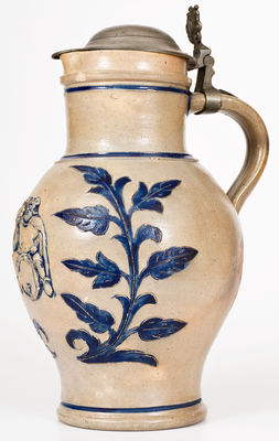 Wingender (Haddonfield, New Jersey) Stoneware Pitcher w/ King Gambrinus Decoration, Pewter Lid