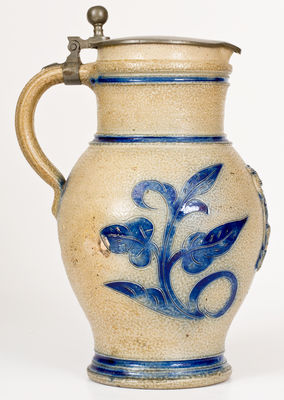 Wingender (Haddonfield, NJ) Stoneware Pitcher with King Gambrinus Decoration, Pewter Lid