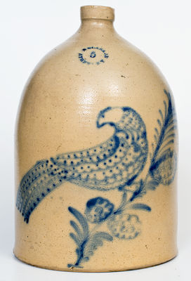 Exceptional 5 Gal. N. CLARK JR. / ATHENS, NY Stoneware Jug w/ Elaborate Bird Decoration