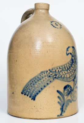 Exceptional 5 Gal. N. CLARK JR. / ATHENS, NY Stoneware Jug w/ Elaborate Bird Decoration