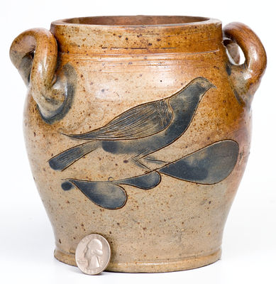 Exceedingly Rare Quart-Sized Stoneware Jar w/ Elaborate Incised Bird Decorations, Crolius Family, Manhattan, c1800