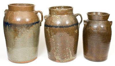 Three Alkaline-Glazed Stoneware Churns attrib. Joe "Jug" Johnson, Laurens, SC, early 20th century
