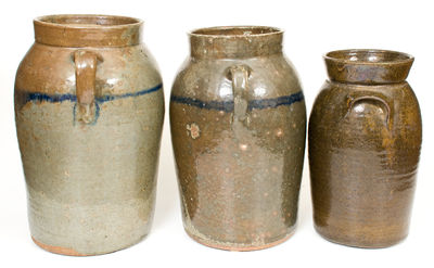 Three Alkaline-Glazed Stoneware Churns attrib. Joe "Jug" Johnson, Laurens, SC, early 20th century