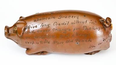 Exceedingly Rare Anna Pottery Stoneware Pig Flask w/ Elaborate Two-Sided Cincinnati Advertising