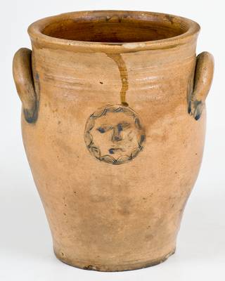 Rare Stoneware Jar w/ Impressed Sun Face, Xerxes Price, Sayreville, NJ or Josiah Chapman, Troy, NY