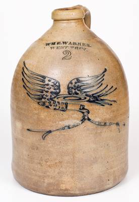 2 Gal. WM. E. WARNER / WEST TROY Stoneware Jug w/ Slip-Trailed Flying Eagle Decoration