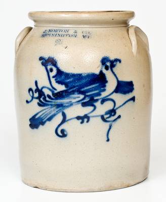 2 Gal. J. NORTON & CO. / BENNINGTON, VT Stoneware Jar w/ Bold Double Bird Decoration