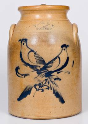3 Gal. TROY, NY POTTERY Stoneware Lidded Jar w/ Double Bird Decoration