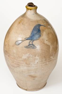 Very Rare 3 Gal. Stoneware Jug with Incised Bird Decoration, att. Branch Green, Philadelphia or Old Bridge, NJ