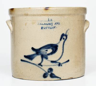 Rare 1 1/2 Gal. BELMONT AVE. POTTERY Newark, NJ Stoneware Crock w/ Bird Decoration