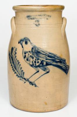 Fine SEYMOUR & BOSWORTH / HARTFORD, CONN. Stoneware Churn w/ Elaborate Bird Decoration