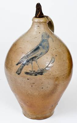 Outstanding and Rare Manhattan Stoneware Jug w/ Incised Bird Decoration, possibly Crolius family