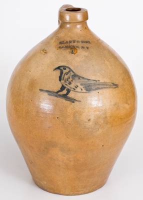 Rare 4 Gal. CLARK & FOX / ATHENS, NY Stoneware Jug with Bird Decoration