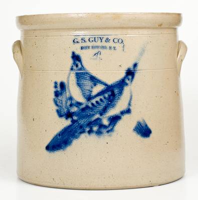 4 Gal. G. S. GUY & CO. / FORT EDWARD, NY Stoneware Crock w/ Double Bird Decoration