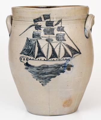 Exceptional New Jersey Stoneware Jar with Elaborate Incised Ship Decoration