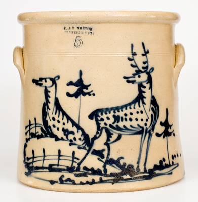 Exceptional J. & E. NORTON / BENNINGTON, VT Stoneware Crock w/ Stag and Doe Scene