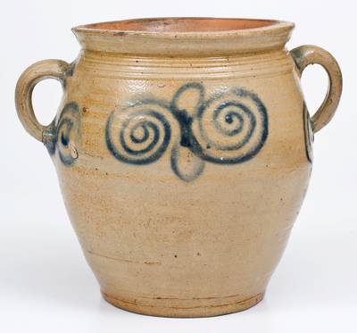 Very Fine Vertical-Handled Stoneware Jar w/ Watchspring Design, Manhattan or Cheesequake, NJ, 18th century