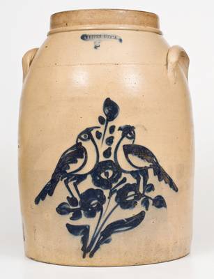 Scarce 6 Gal. WHITES UTICA Stoneware Jar with Double Bird Decoration