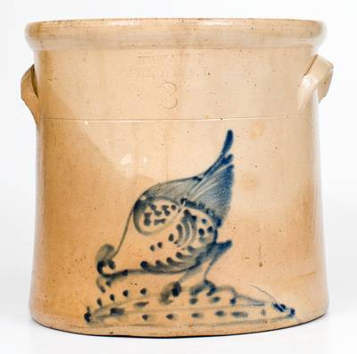 3 Gal. BRADY & RYAN / ELLENVILLE, NY Stoneware Crock w/ Pecking Chicken Design