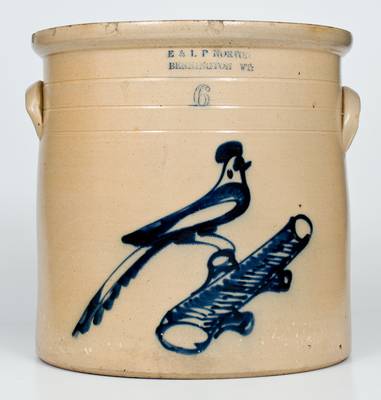 Fine 6 Gal. E. & L. P. NORTON / BENNINGTON, VT Stoneware Crock w/ Bold Bird-on-Log