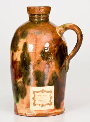 Scarce and Fine Multi-Glazed Redware Jug, attrib. J. Eberly, Strasburg, VA