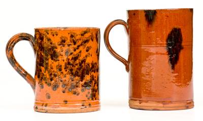 Two Glazed Redware Mugs, American, 19th century