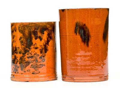 Two Glazed Redware Mugs, American, 19th century