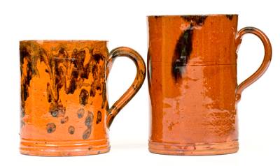 Two Glazed Redware Mugs, American, 19th century