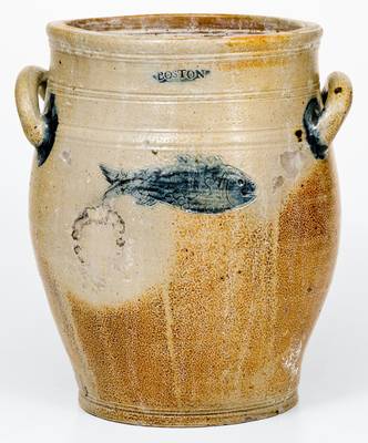 Fine BOSTON Stoneware Jar w/ Impressed Fish Designs, late 18th century