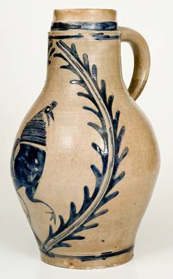 Outstanding German Stoneware Pitcher w/ Incised Rooster Design