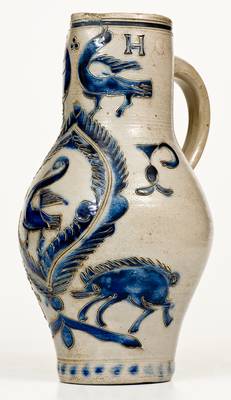 Exceptional German Stoneware Pitcher w/ Incised Boar and Other Designs