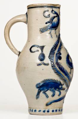 Exceptional German Stoneware Pitcher w/ Incised Boar and Other Designs
