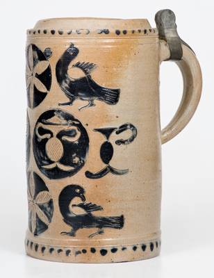 Exceptional German Stoneware Stein w/ Incised Birds and Other Designs