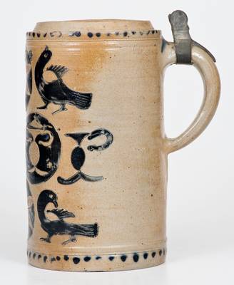 Exceptional German Stoneware Stein w/ Incised Birds and Other Designs