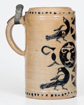 Exceptional German Stoneware Stein w/ Incised Birds and Other Designs