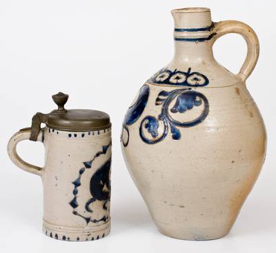 Two Examples of German Stoneware Stein w/ Stag Designs