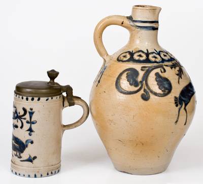 Two Examples of German Stoneware Stein w/ Stag Designs