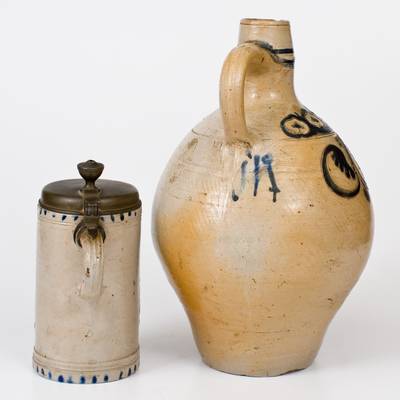 Two Examples of German Stoneware Stein w/ Stag Designs