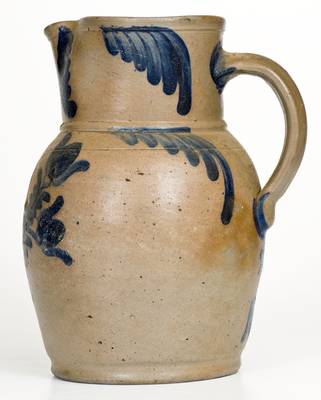 One-Gallon Baltimore Stoneware Pitcher with Elaborate Cobalt Floral Decoration