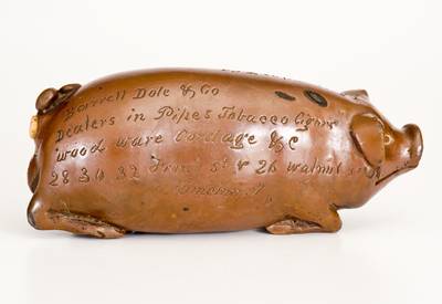Exceedingly Rare Anna Pottery Stoneware Pig Flask w/ Elaborate Two-Sided Cincinnati Advertising