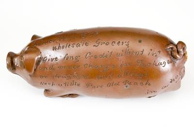 Exceedingly Rare Anna Pottery Stoneware Pig Flask w/ Elaborate Two-Sided Cincinnati Advertising