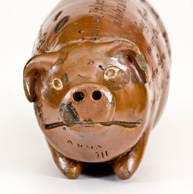 Exceedingly Rare Anna Pottery Stoneware Pig Flask w/ Elaborate Two-Sided Cincinnati Advertising