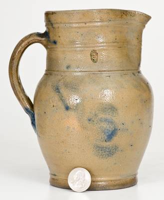 Quart-Sized Southeastern PA Stoneware Pitcher w/ Cobalt Floral Decoration, circa 1860