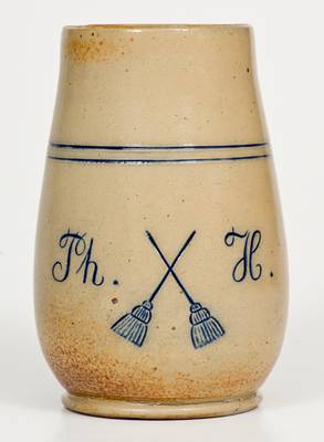 Rare Large-Sized Stoneware Mug w/ Impressed Brooms and Inscription