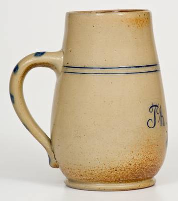 Rare Large-Sized Stoneware Mug w/ Impressed Brooms and Inscription