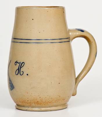 Rare Large-Sized Stoneware Mug w/ Impressed Brooms and Inscription