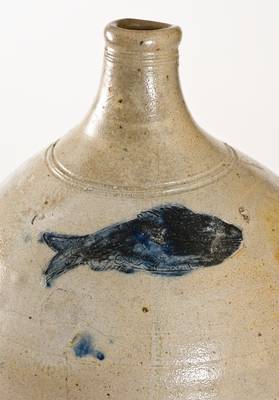 Fine att. Jonathan Fenton (Boston) Stoneware Jug w/ Impressed Fish Decoration, late 18th century