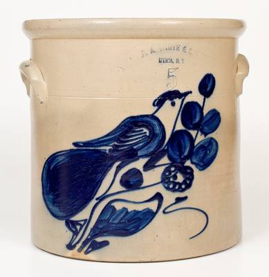 5 Gal. N. A. WHITE & SON / UTICA, NY Stoneware Crock w/ Bold Paddletail Bird Decoration