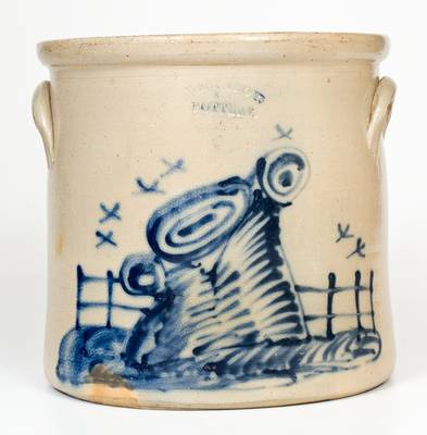 Rare and Fine 3 Gal. WEST TROY POTTERY Stoneware Crock w/ Elaborate Stump Decoration